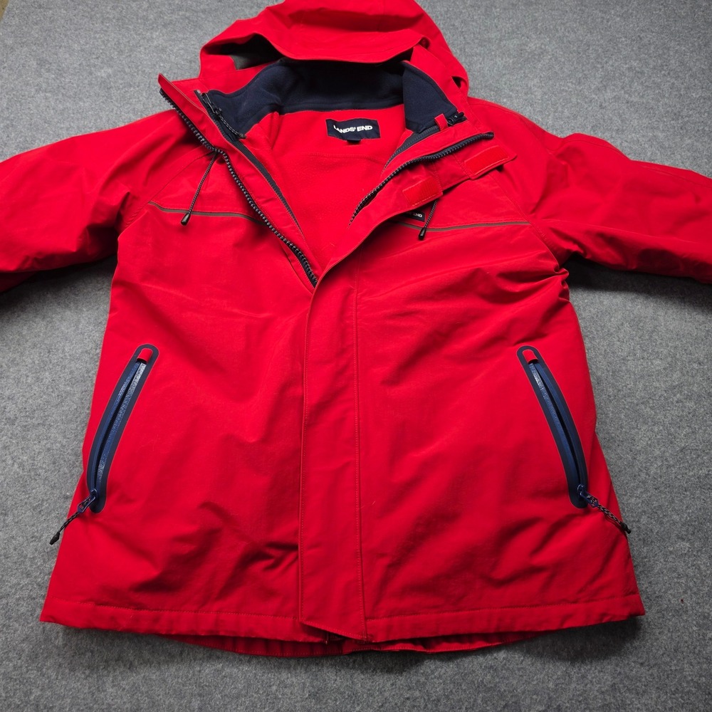 Lands End Mens Red Squall Waterproof Hooded Parka Jacket Medium 38-40 Fleece